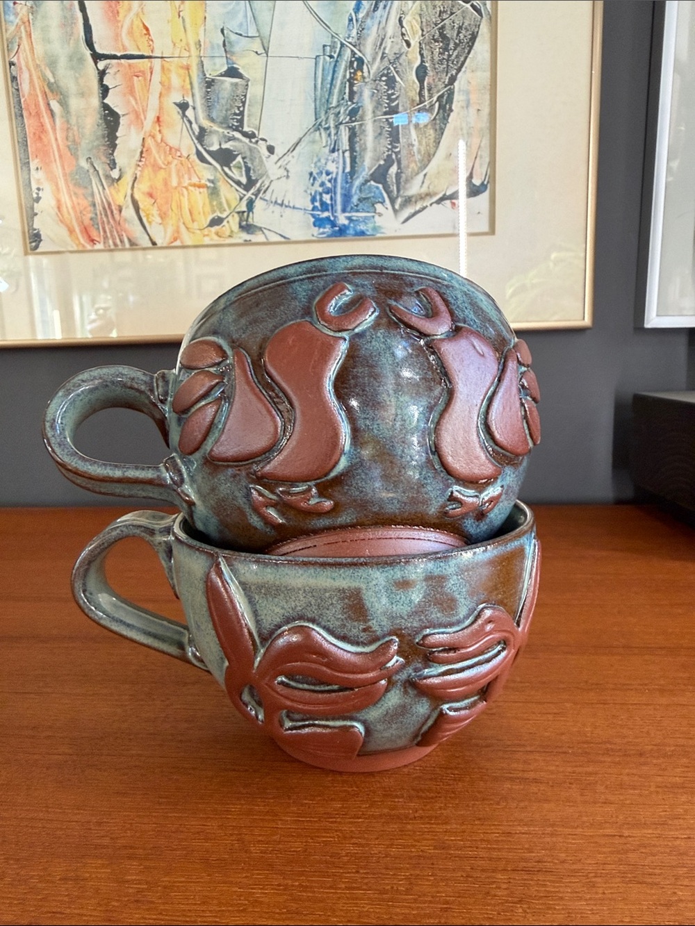 Hand Crafted Turquoise and Terracotta Ceramic Cups Set signed by the maker